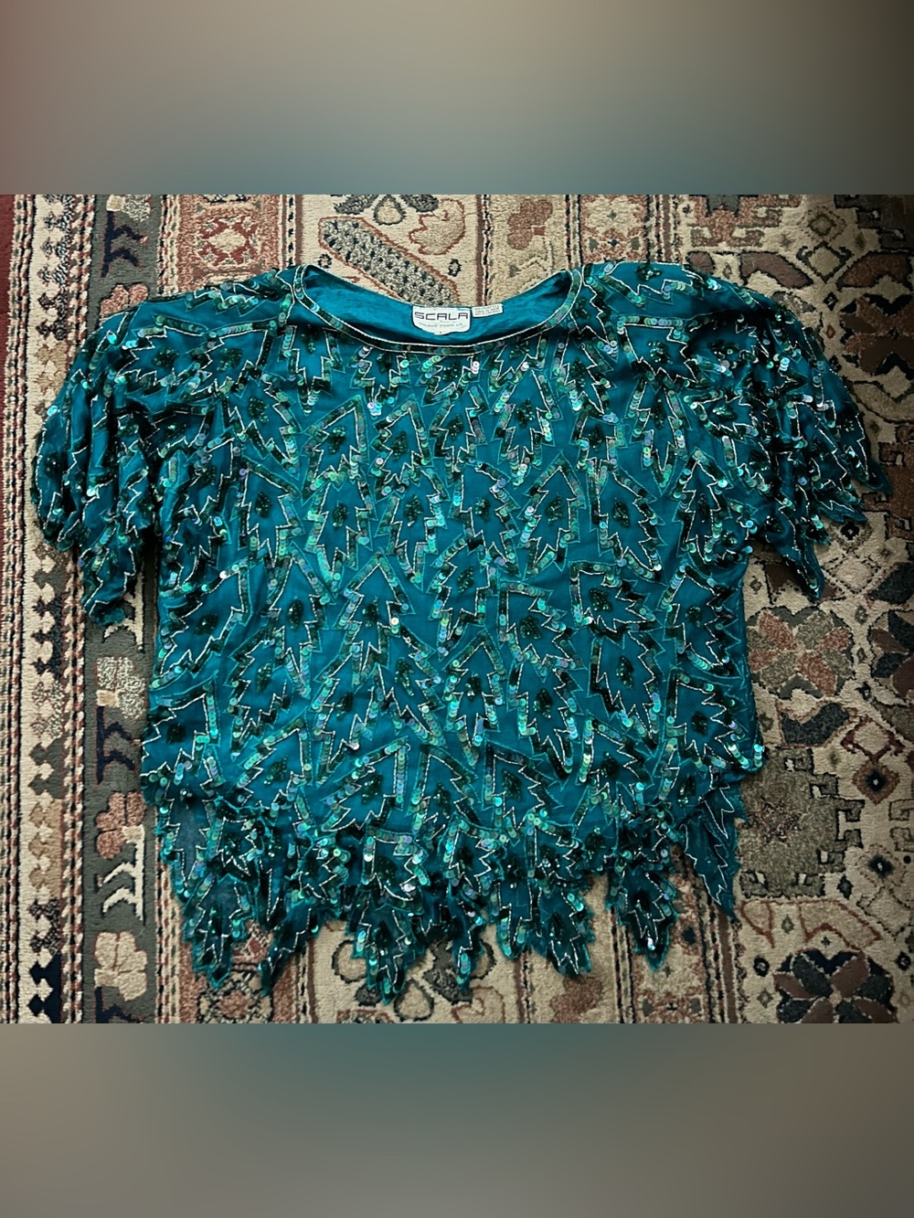 Scala Teal Sequin Embellished Short-Sleeve Blouse